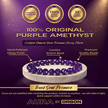 Purple amethyst bracelet on a purple background with product features and brand name 'Aura by Orbon'.